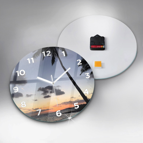 Round glass wall clock Palm tree and sunrise