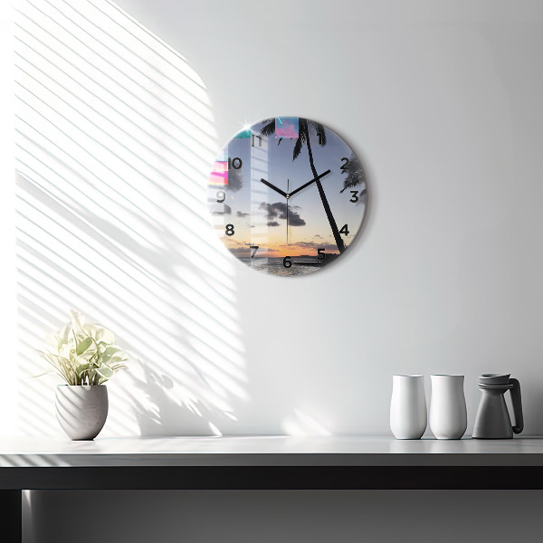 Round glass wall clock Palm tree and sunrise