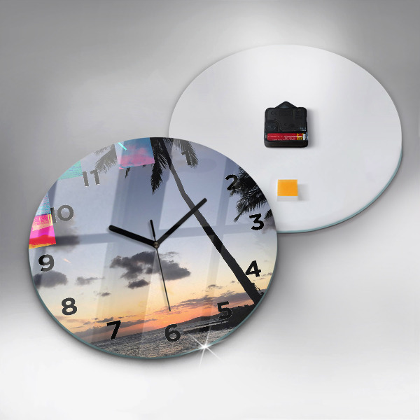 Round glass wall clock Palm tree and sunrise