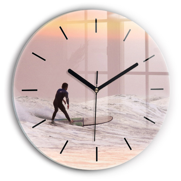 Round glass wall clock Surfer in Hawaii