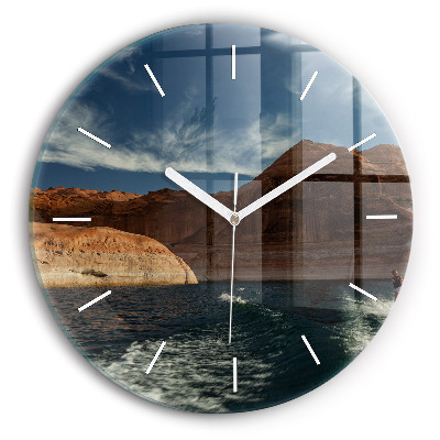 Round glass wall clock Person on water skis