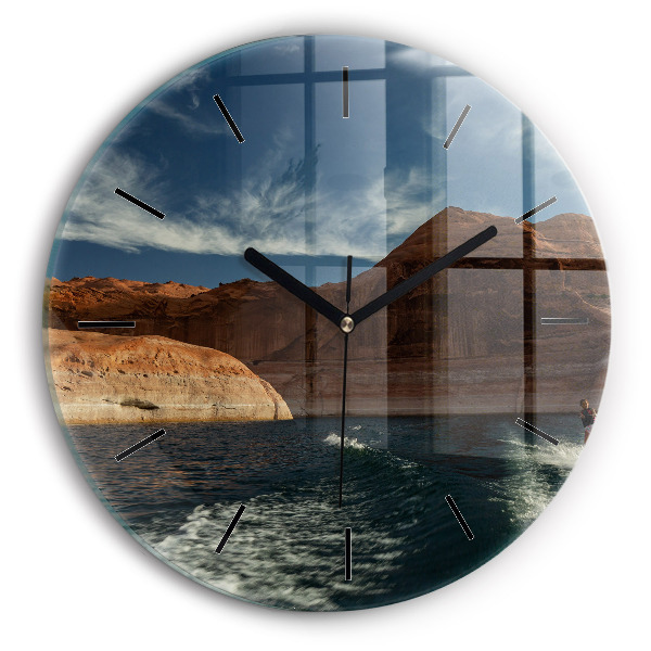 Round glass wall clock Person on water skis