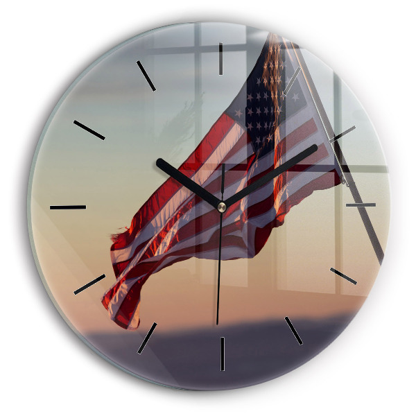 Round glass wall clock USA flag flying