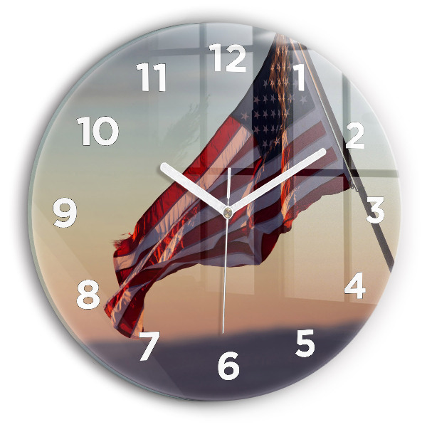 Round glass wall clock USA flag flying
