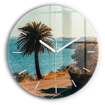 Round glass wall clock Palm trees in Malibu