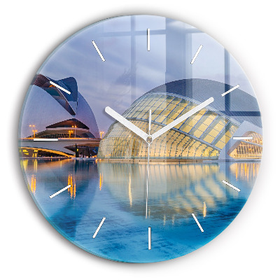Round glass wall clock City sunset