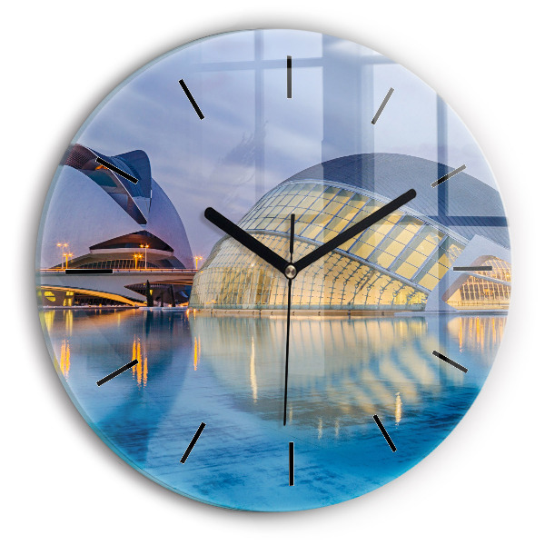Round glass wall clock City sunset