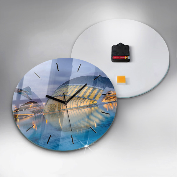 Round glass wall clock City sunset