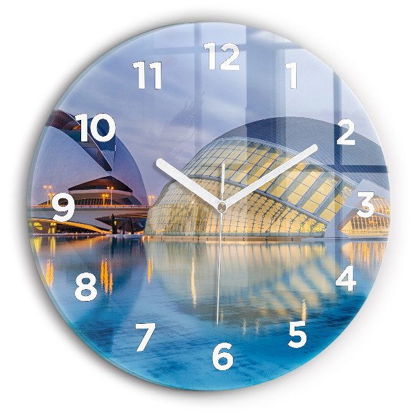 Round glass wall clock City sunset