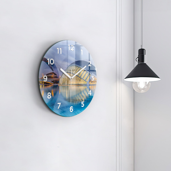 Round glass wall clock City sunset