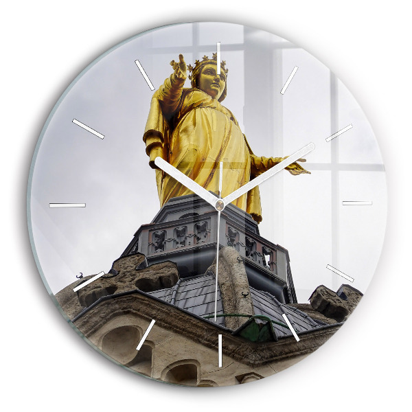 Round glass wall clock Statue of the Virgin Mary in Lyon