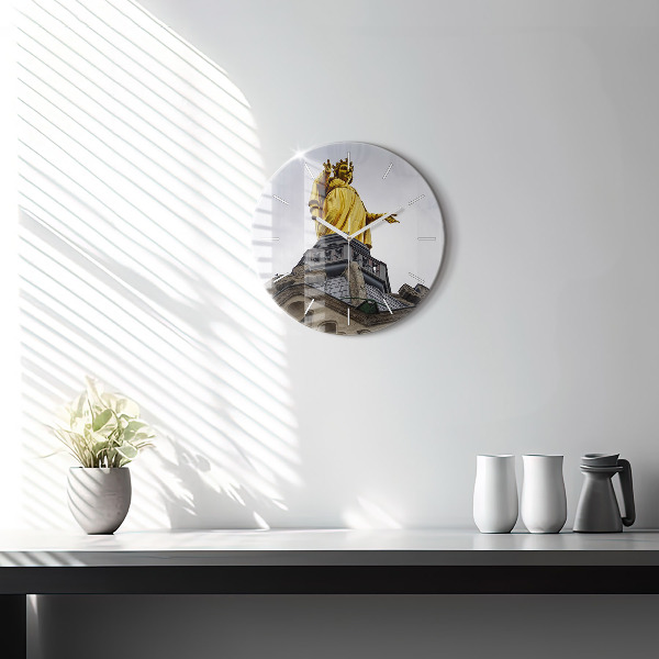 Round glass wall clock Statue of the Virgin Mary in Lyon