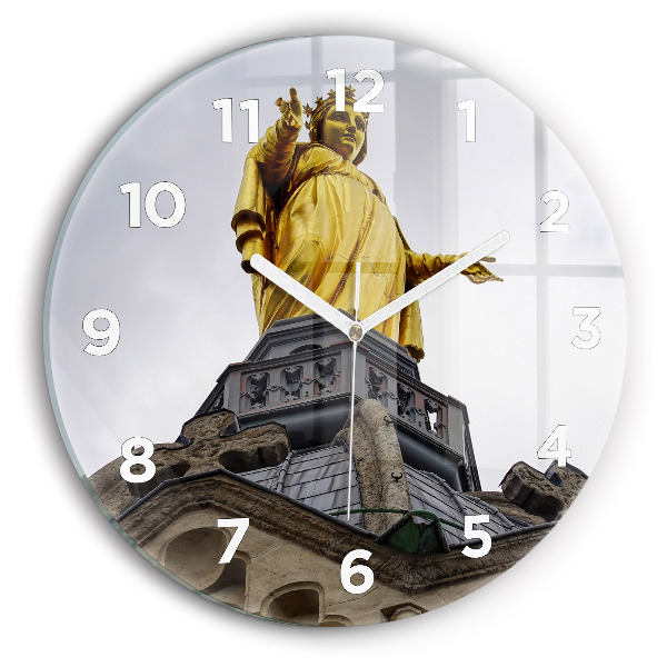 Round glass wall clock Statue of the Virgin Mary in Lyon