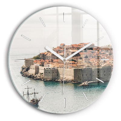 Round glass wall clock Sailing ship in Dubrovnik