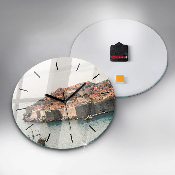 Round glass wall clock Sailing ship in Dubrovnik