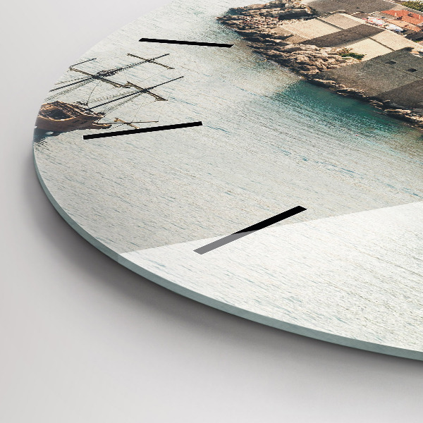 Round glass wall clock Sailing ship in Dubrovnik