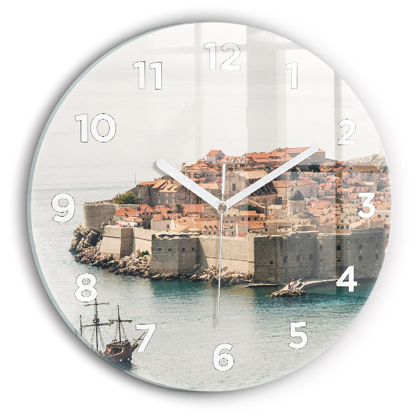 Round glass wall clock Sailing ship in Dubrovnik
