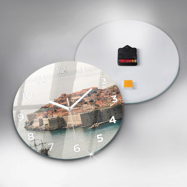 Round glass wall clock Sailing ship in Dubrovnik