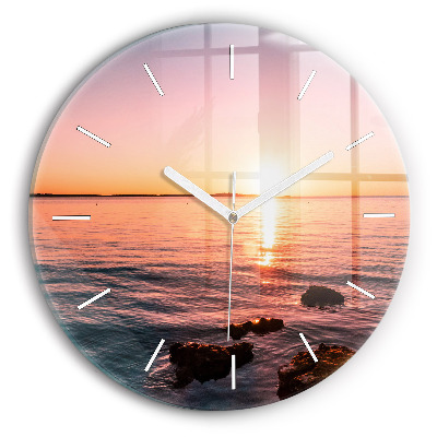 Round glass wall clock Rocks at sunset