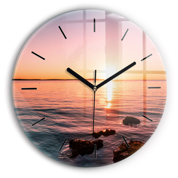 Round glass wall clock Rocks at sunset