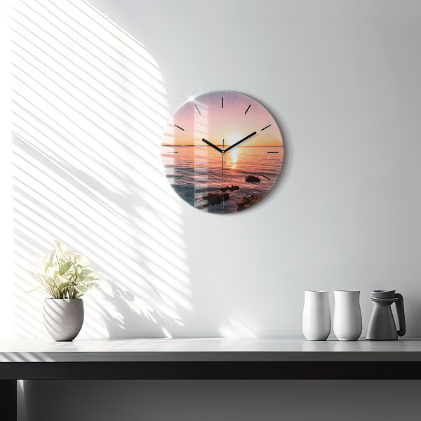 Round glass wall clock Rocks at sunset