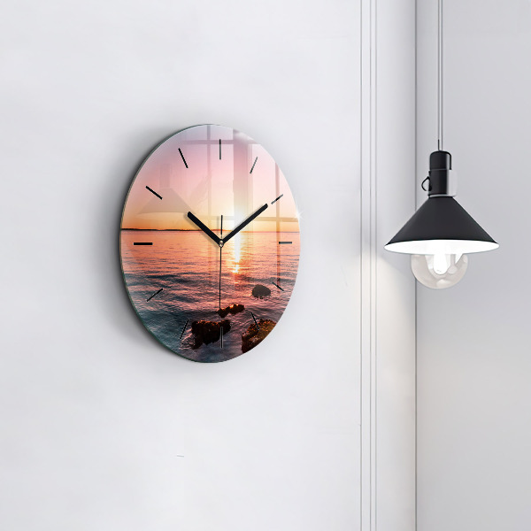 Round glass wall clock Rocks at sunset