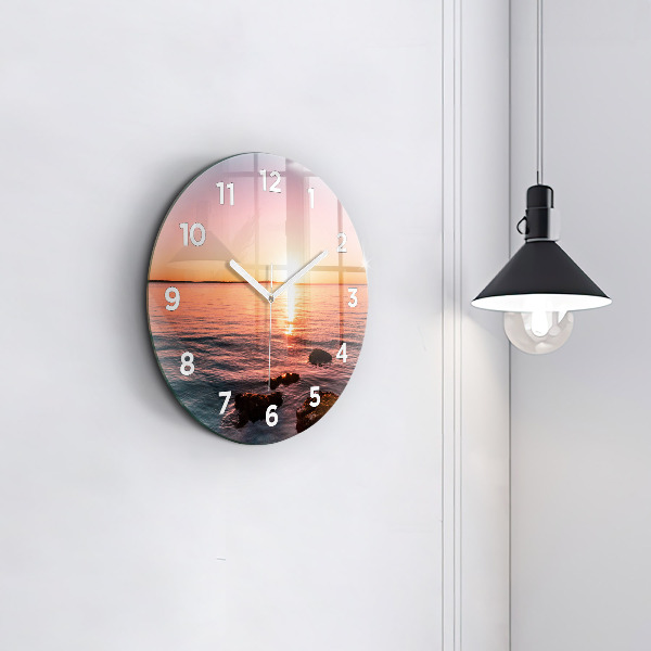 Round glass wall clock Rocks at sunset