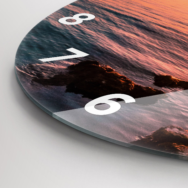 Round glass wall clock Rocks at sunset