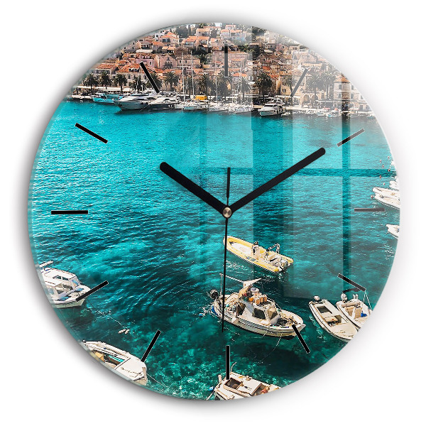 Round glass wall clock Boats in Croatia