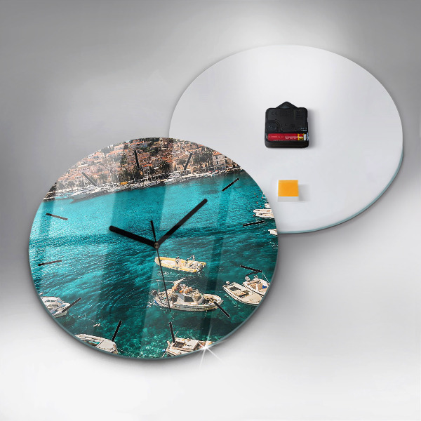 Round glass wall clock Boats in Croatia