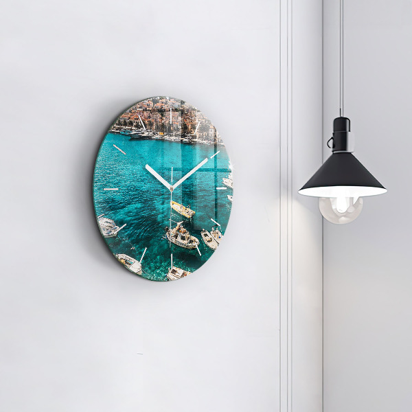 Round glass wall clock Boats in Croatia