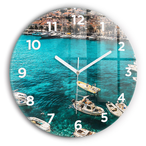 Round glass wall clock Boats in Croatia