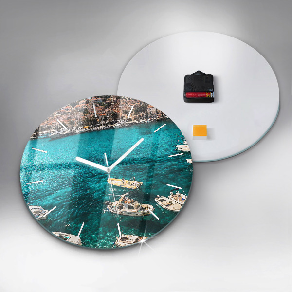 Round glass wall clock Boats in Croatia