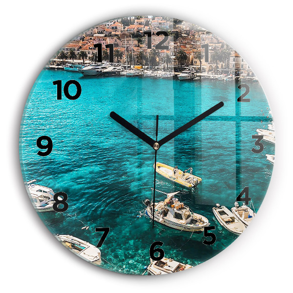 Round glass wall clock Boats in Croatia