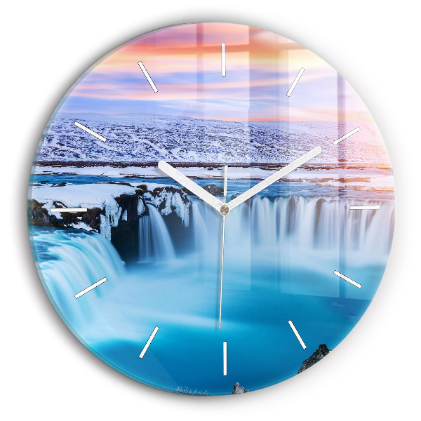 Round glass wall clock Godafoss Waterfall Iceland