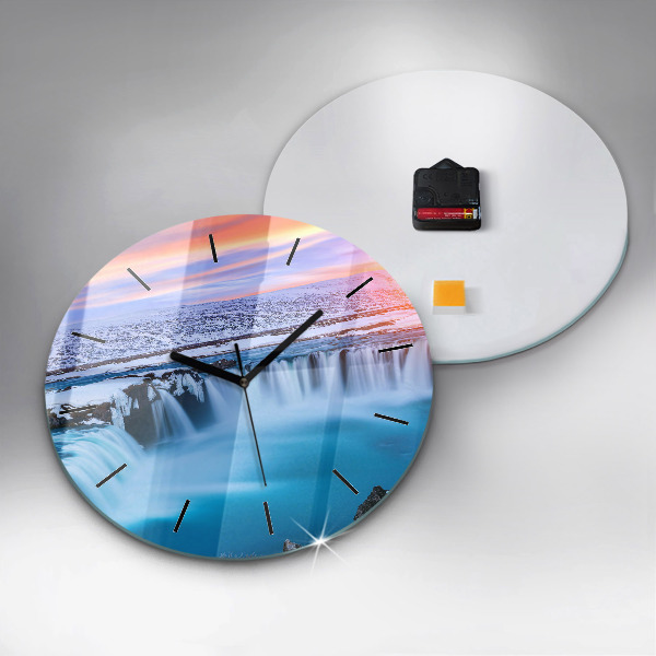 Round glass wall clock Godafoss Waterfall Iceland