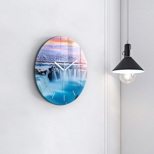 Round glass wall clock Godafoss Waterfall Iceland