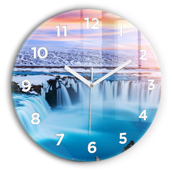 Round glass wall clock Godafoss Waterfall Iceland