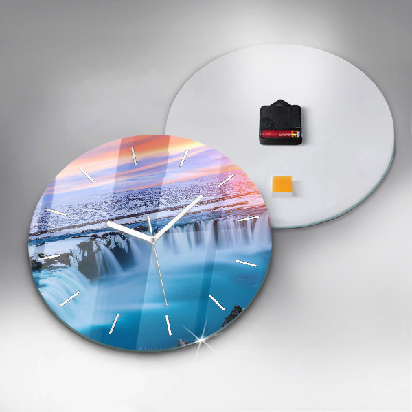 Round glass wall clock Godafoss Waterfall Iceland
