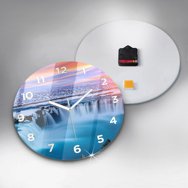 Round glass wall clock Godafoss Waterfall Iceland