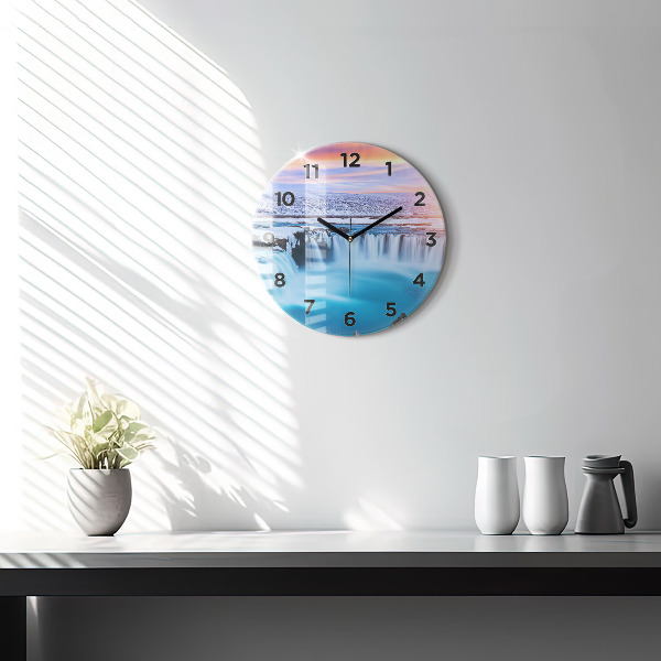 Round glass wall clock Godafoss Waterfall Iceland
