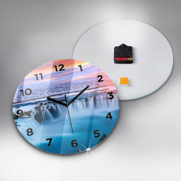 Round glass wall clock Godafoss Waterfall Iceland