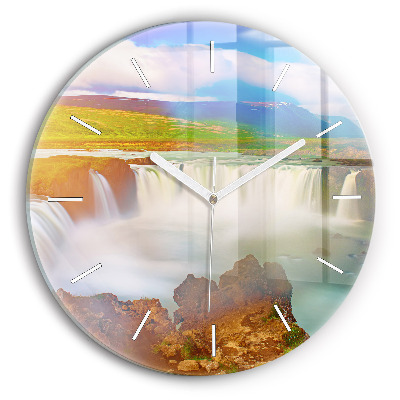 Round glass wall clock Godafoss in Iceland