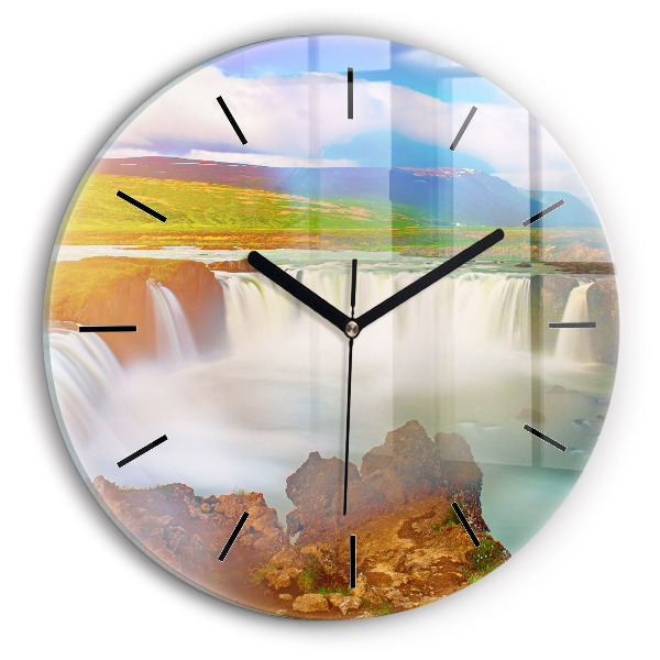 Round glass wall clock Godafoss in Iceland