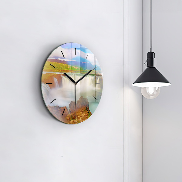 Round glass wall clock Godafoss in Iceland