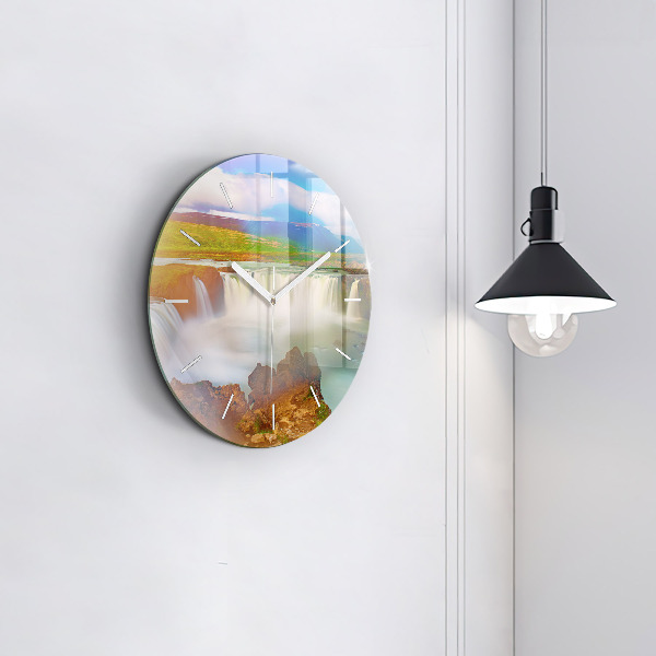 Round glass wall clock Godafoss in Iceland