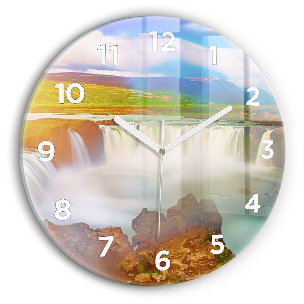 Round glass wall clock Godafoss in Iceland