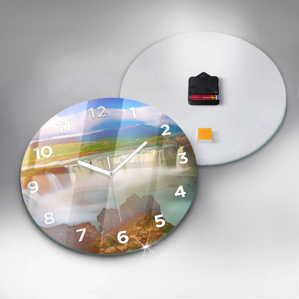 Round glass wall clock Godafoss in Iceland
