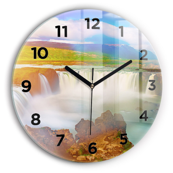 Round glass wall clock Godafoss in Iceland