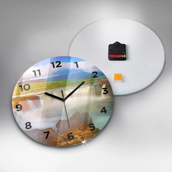 Round glass wall clock Godafoss in Iceland